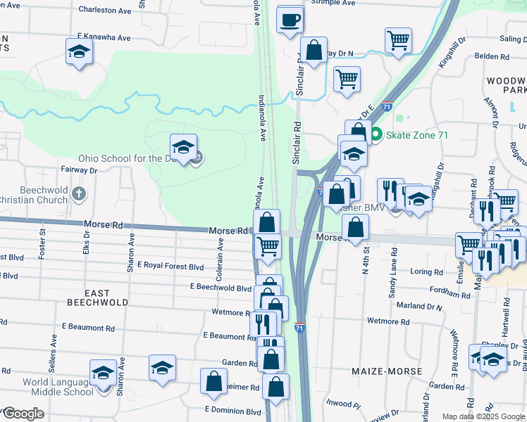map of restaurants, bars, coffee shops, grocery stores, and more near in Columbus