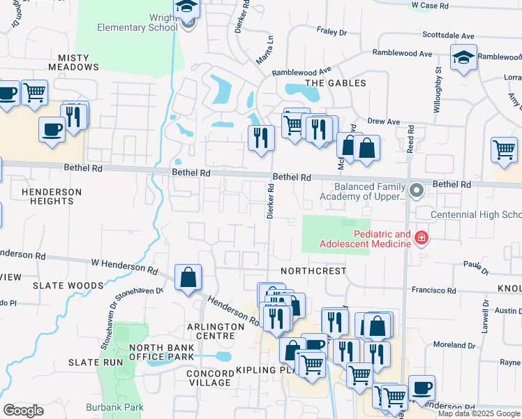 map of restaurants, bars, coffee shops, grocery stores, and more near 2102 Burgoyne Court in Columbus