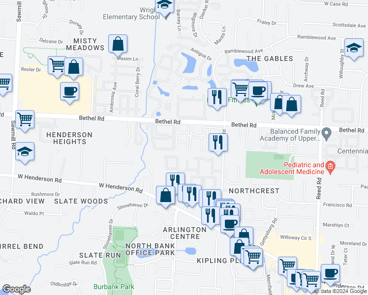 map of restaurants, bars, coffee shops, grocery stores, and more near 5226 Fall Water Court in Columbus