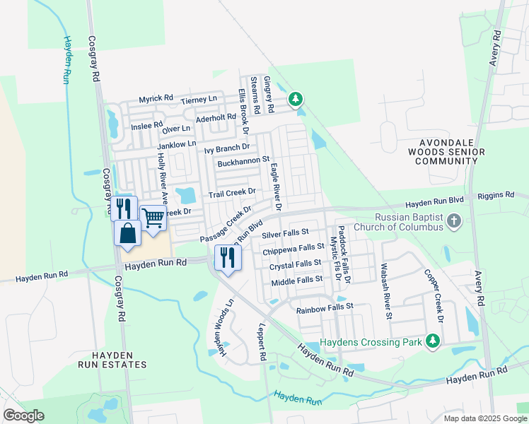 map of restaurants, bars, coffee shops, grocery stores, and more near 5730 Silver Falls Street in Dublin