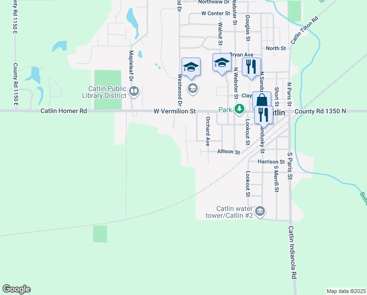 map of restaurants, bars, coffee shops, grocery stores, and more near 201 Martin Court in Catlin