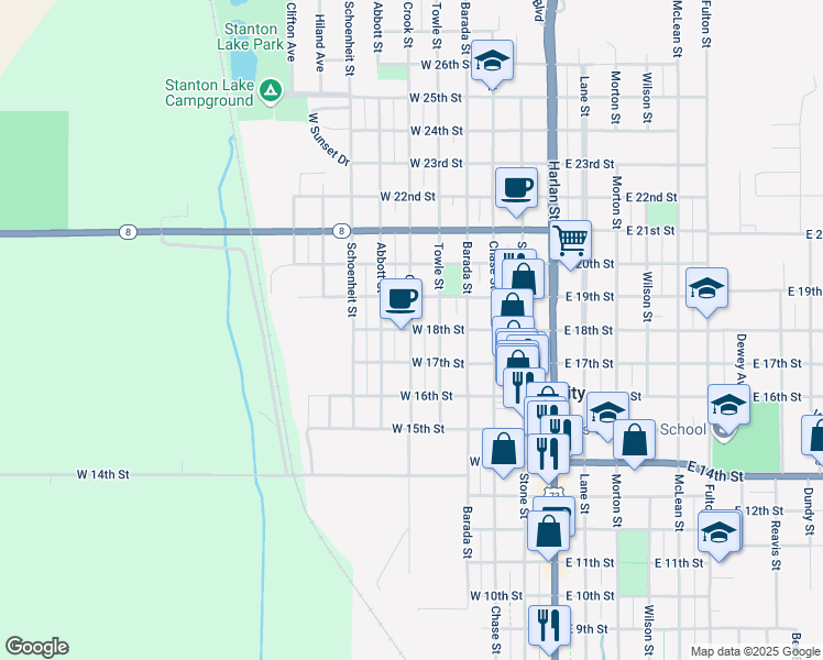 map of restaurants, bars, coffee shops, grocery stores, and more near 1798 Crook Street in Falls City