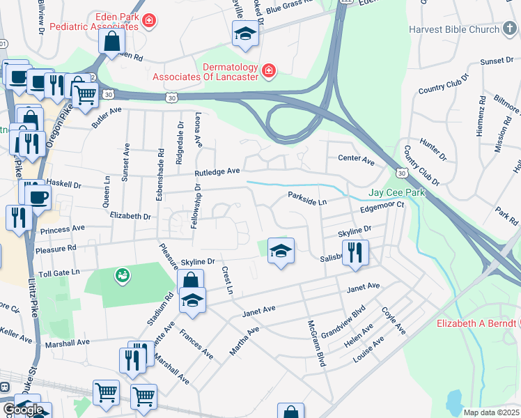 map of restaurants, bars, coffee shops, grocery stores, and more near 565 Friendship Avenue in Lancaster
