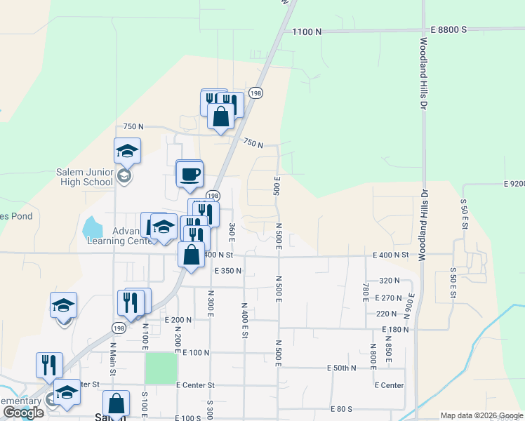 map of restaurants, bars, coffee shops, grocery stores, and more near 454 550 North in Salem