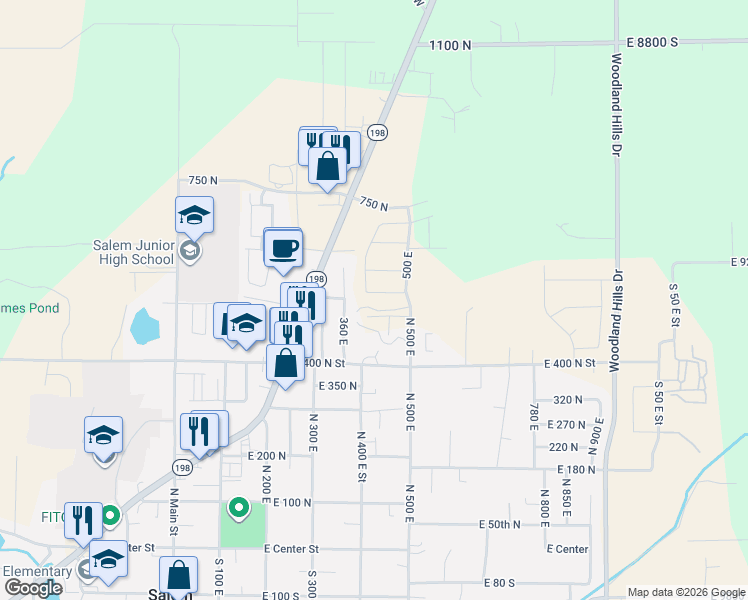 map of restaurants, bars, coffee shops, grocery stores, and more near 422 550 North in Salem