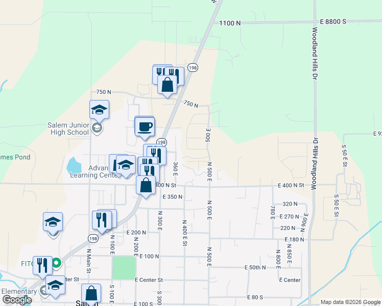 map of restaurants, bars, coffee shops, grocery stores, and more near 422 550 North in Salem