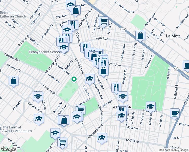 map of restaurants, bars, coffee shops, grocery stores, and more near 7141-99 Limekiln Pike in Philadelphia