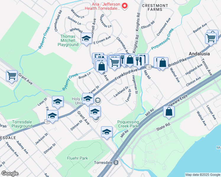 map of restaurants, bars, coffee shops, grocery stores, and more near 9854 Garvey Drive in Philadelphia