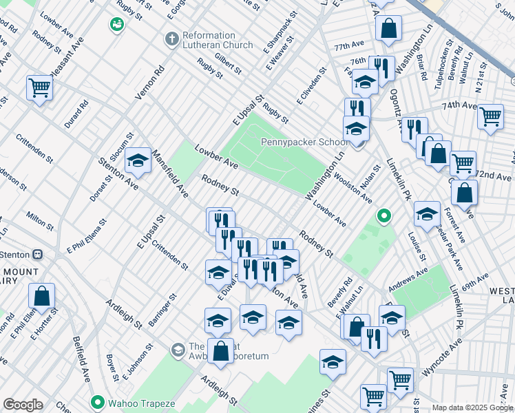 map of restaurants, bars, coffee shops, grocery stores, and more near 1533 East Johnson Street in Philadelphia