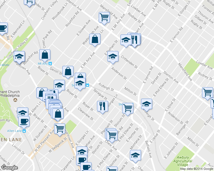 map of restaurants, bars, coffee shops, grocery stores, and more near 7005 Ardleigh Street in Philadelphia