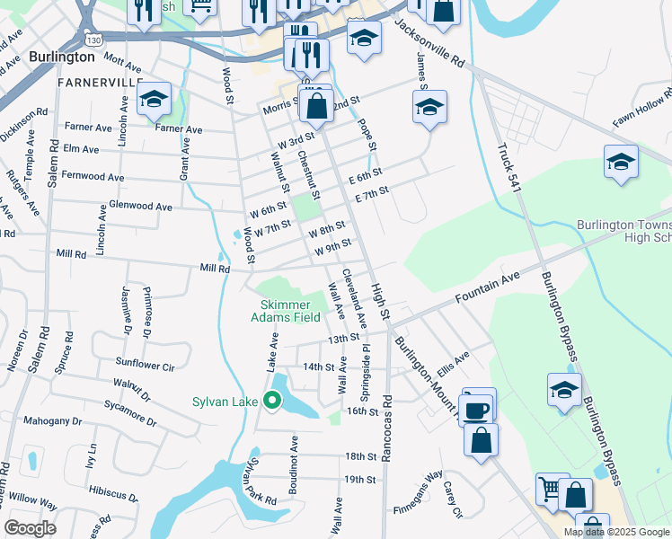 map of restaurants, bars, coffee shops, grocery stores, and more near 7 Mill Road in Burlington