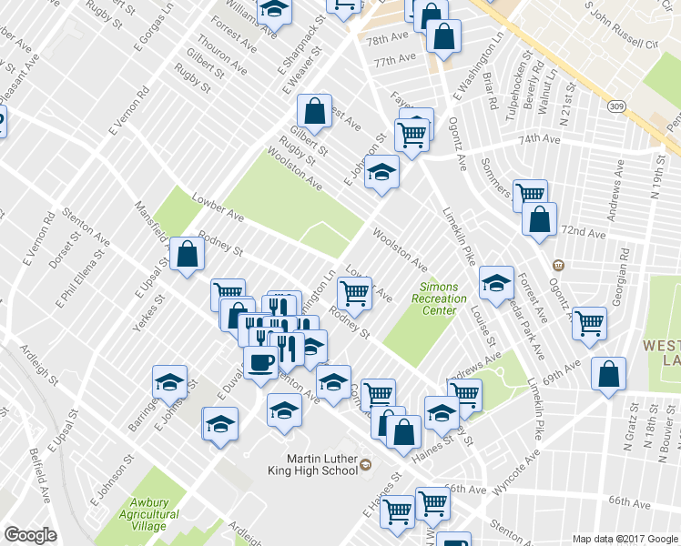 map of restaurants, bars, coffee shops, grocery stores, and more near 1650 East Washington Lane in Philadelphia