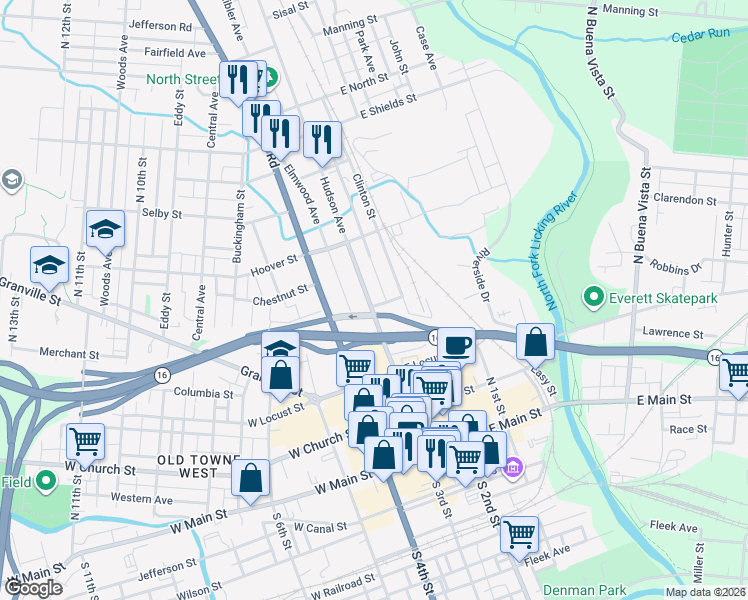 map of restaurants, bars, coffee shops, grocery stores, and more near 59 Clinton Street in Newark