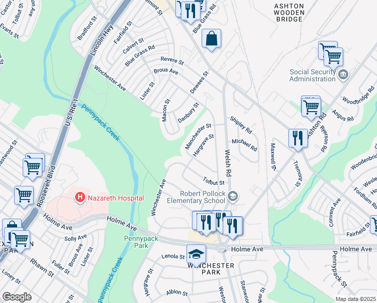 map of restaurants, bars, coffee shops, grocery stores, and more near 8801 Manchester Street in Philadelphia