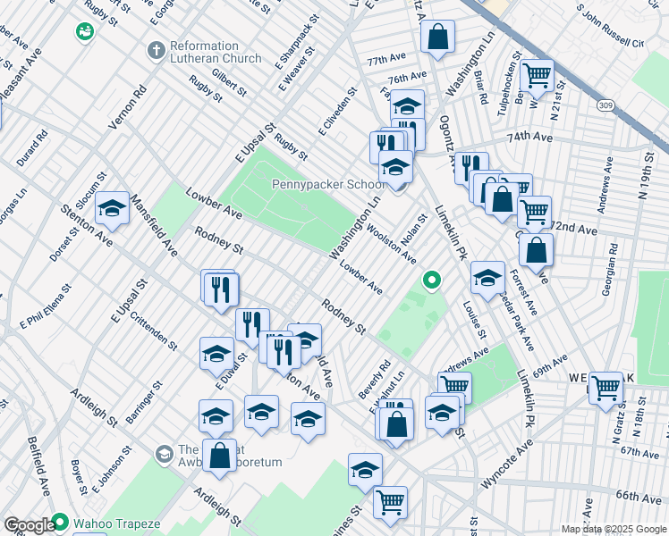 map of restaurants, bars, coffee shops, grocery stores, and more near 1650 East Washington Lane in Philadelphia