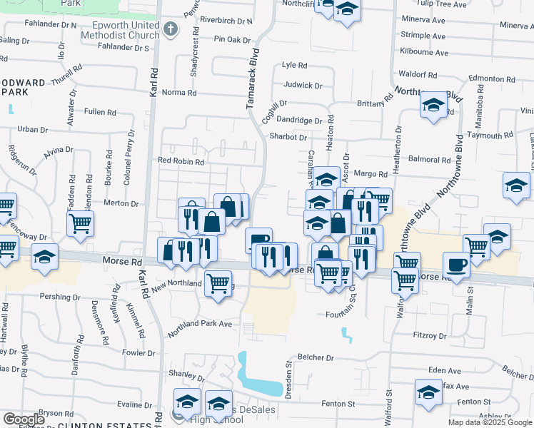 map of restaurants, bars, coffee shops, grocery stores, and more near 4646 Tamarack Boulevard in Columbus