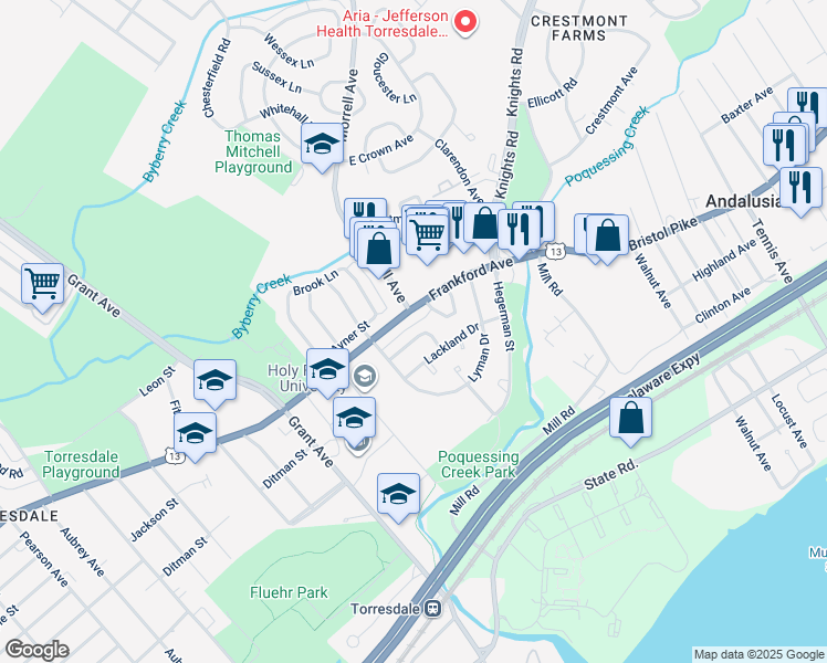 map of restaurants, bars, coffee shops, grocery stores, and more near 9856 Garvey Drive in Philadelphia