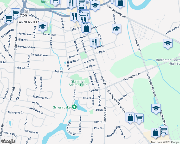 map of restaurants, bars, coffee shops, grocery stores, and more near 7 Mill Road in Burlington