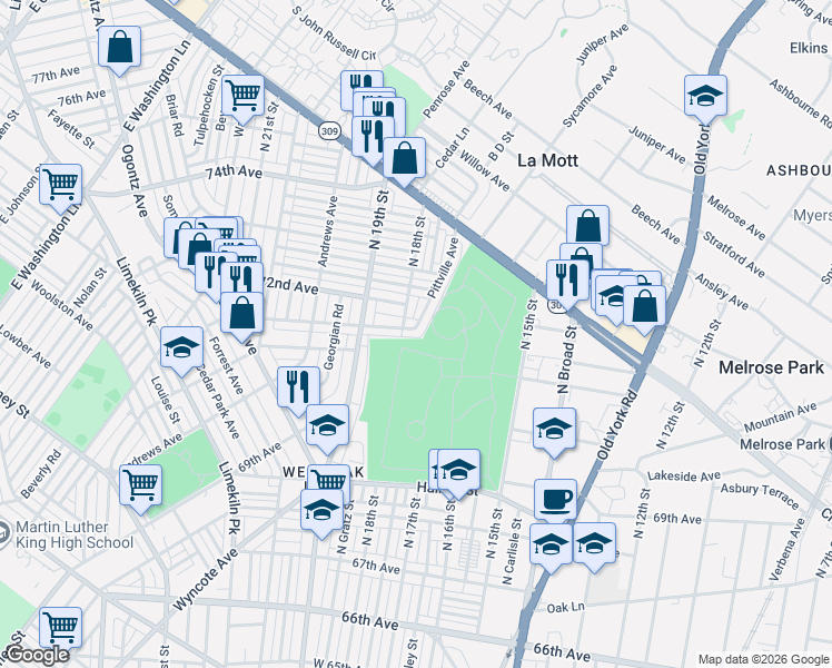 map of restaurants, bars, coffee shops, grocery stores, and more near 1720 Dallas Street in Philadelphia