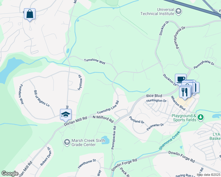 map of restaurants, bars, coffee shops, grocery stores, and more near 101 Peregrine Lane in Downingtown