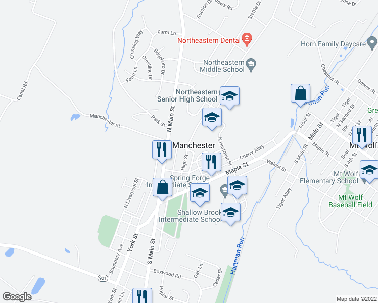 map of restaurants, bars, coffee shops, grocery stores, and more near 140 High Street in Manchester