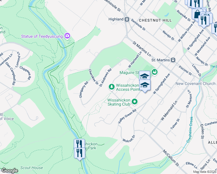 map of restaurants, bars, coffee shops, grocery stores, and more near 628 Saint Andrews Road in Philadelphia