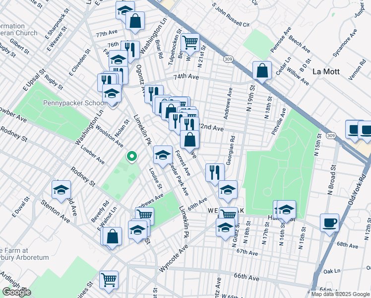 map of restaurants, bars, coffee shops, grocery stores, and more near 7132 Ogontz Avenue in Philadelphia