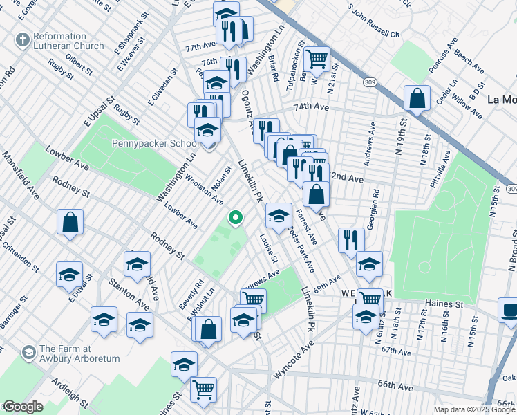 map of restaurants, bars, coffee shops, grocery stores, and more near 7220 Limekiln Pike in Philadelphia