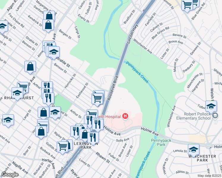 map of restaurants, bars, coffee shops, grocery stores, and more near Roosevelt Boulevard in Philadelphia