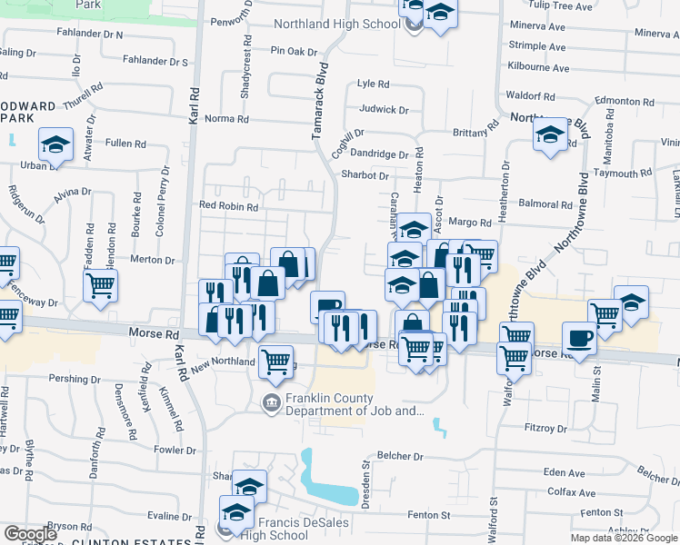 map of restaurants, bars, coffee shops, grocery stores, and more near 4646 Tamarack Boulevard in Columbus