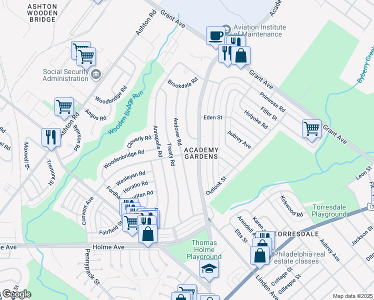 map of restaurants, bars, coffee shops, grocery stores, and more near 9502 Convent Ave in Philadelphia