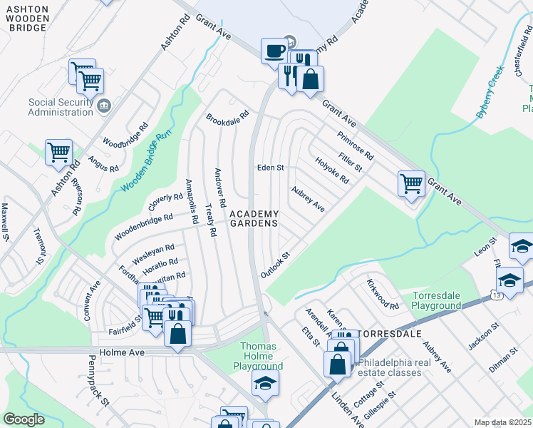 map of restaurants, bars, coffee shops, grocery stores, and more near 9302 Lansford Street in Philadelphia