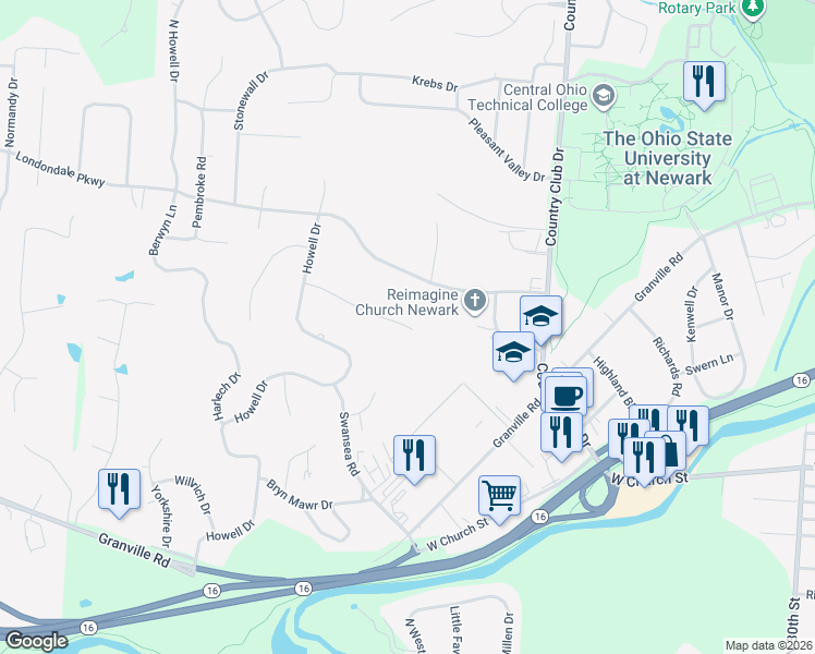 map of restaurants, bars, coffee shops, grocery stores, and more near 1510 Woodridge Dr in Newark