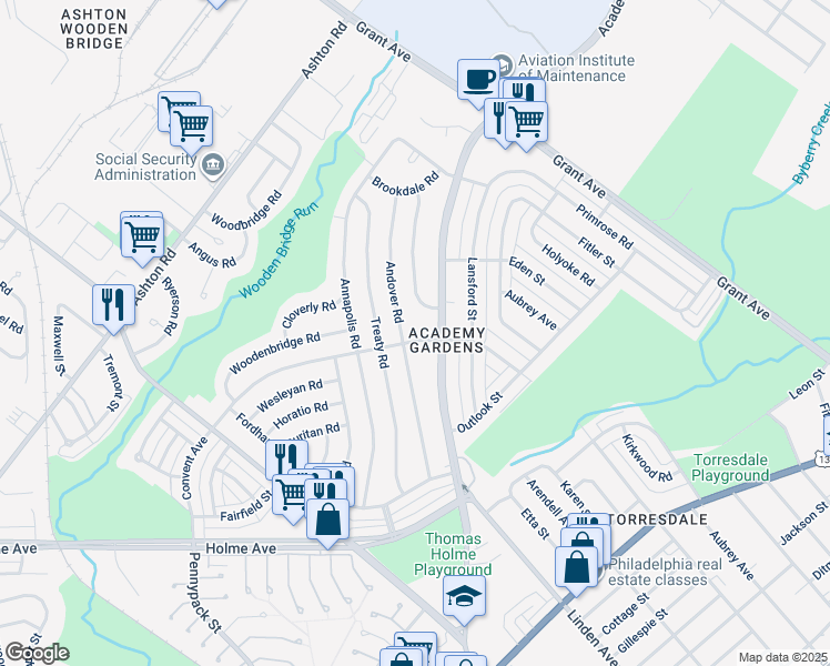 map of restaurants, bars, coffee shops, grocery stores, and more near 9502 Convent Ave in Philadelphia