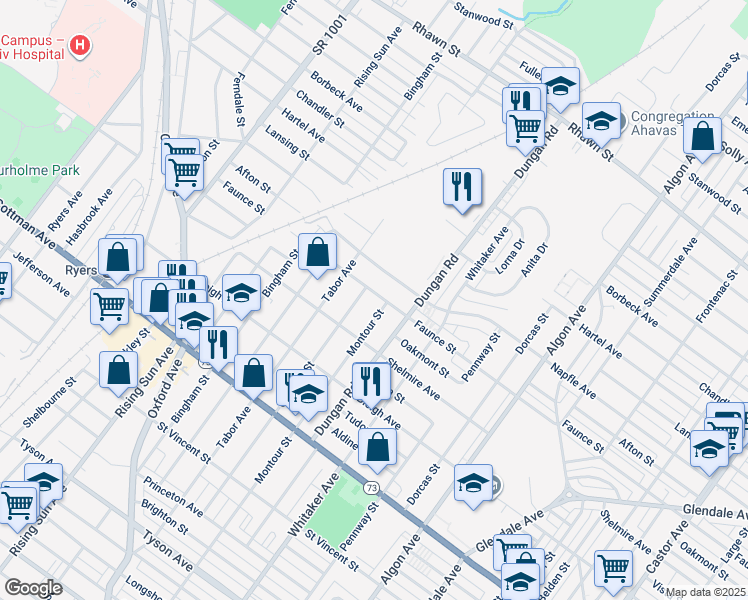 map of restaurants, bars, coffee shops, grocery stores, and more near 1240 Faunce Street in Philadelphia