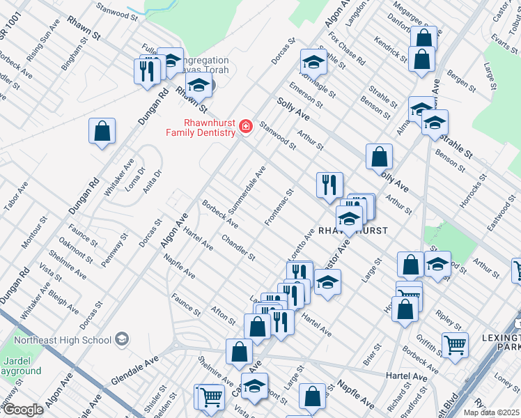 map of restaurants, bars, coffee shops, grocery stores, and more near 1724 Loney Street in Philadelphia