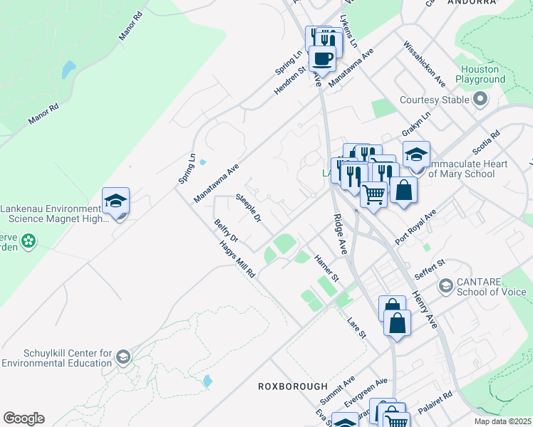 map of restaurants, bars, coffee shops, grocery stores, and more near 8616 Cathedral Circle in Philadelphia