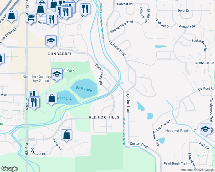 map of restaurants, bars, coffee shops, grocery stores, and more near 4884 Brandon Creek Drive in Boulder
