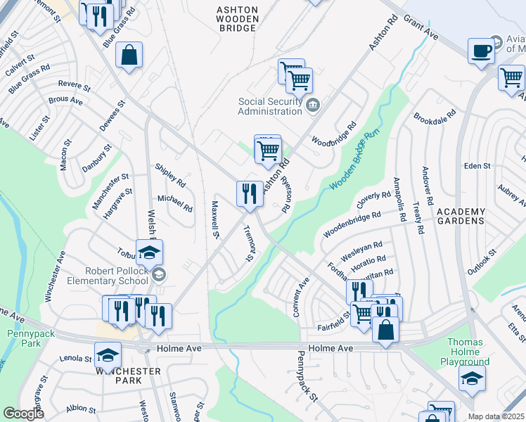 map of restaurants, bars, coffee shops, grocery stores, and more near 9131 Ashton Road in Philadelphia