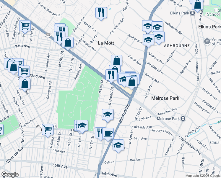 map of restaurants, bars, coffee shops, grocery stores, and more near 1403 West Cheltenham Avenue in Elkins Park