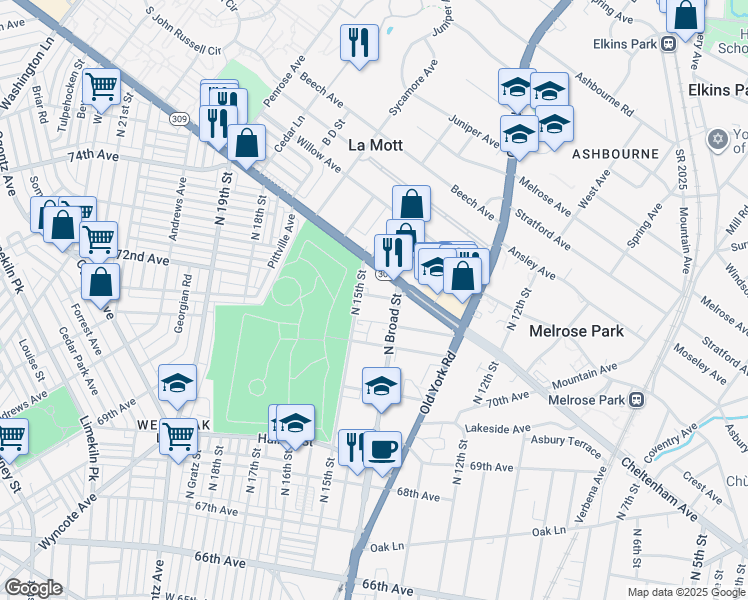 map of restaurants, bars, coffee shops, grocery stores, and more near 7215 North 15th Street in Philadelphia