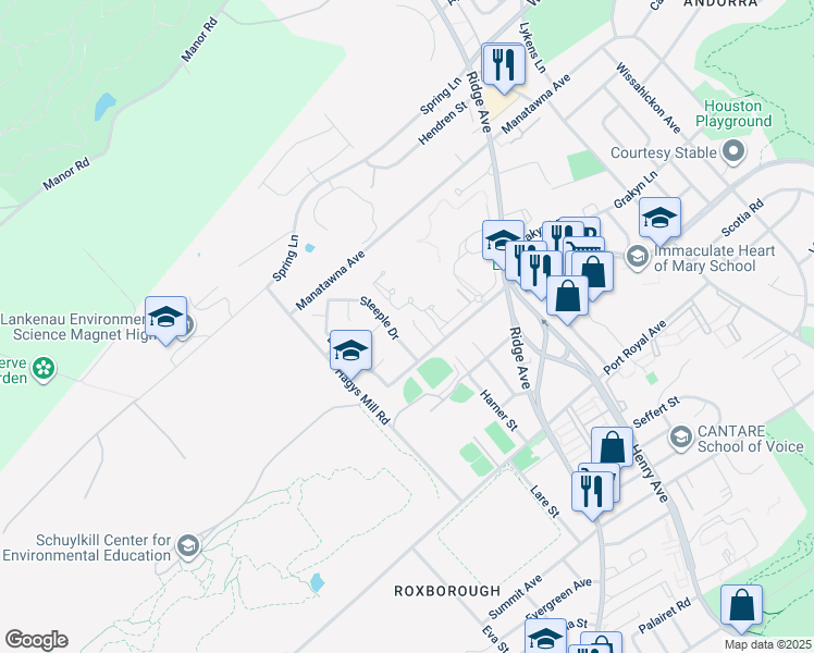 map of restaurants, bars, coffee shops, grocery stores, and more near 8616 Cathedral Circle in Philadelphia