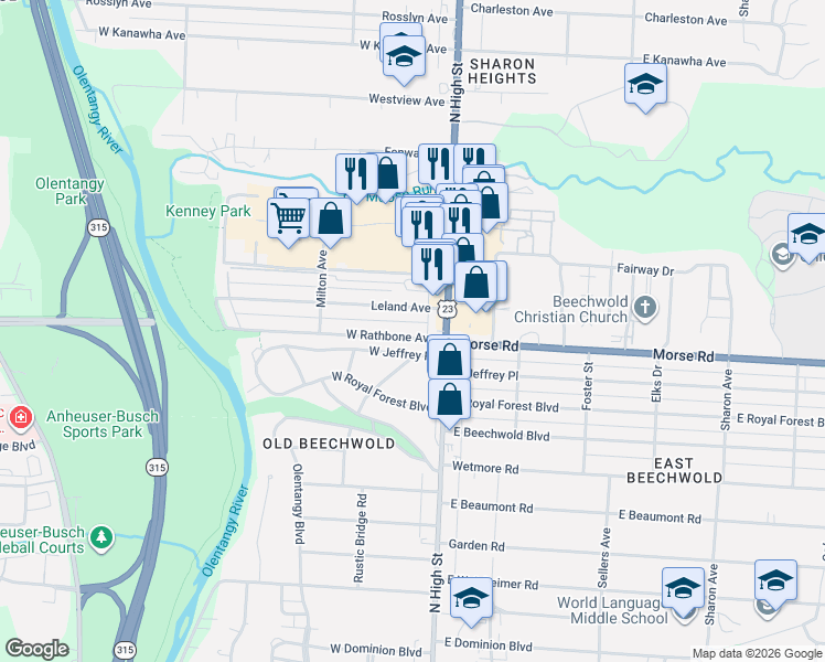 map of restaurants, bars, coffee shops, grocery stores, and more near 35 Leland Avenue in Columbus