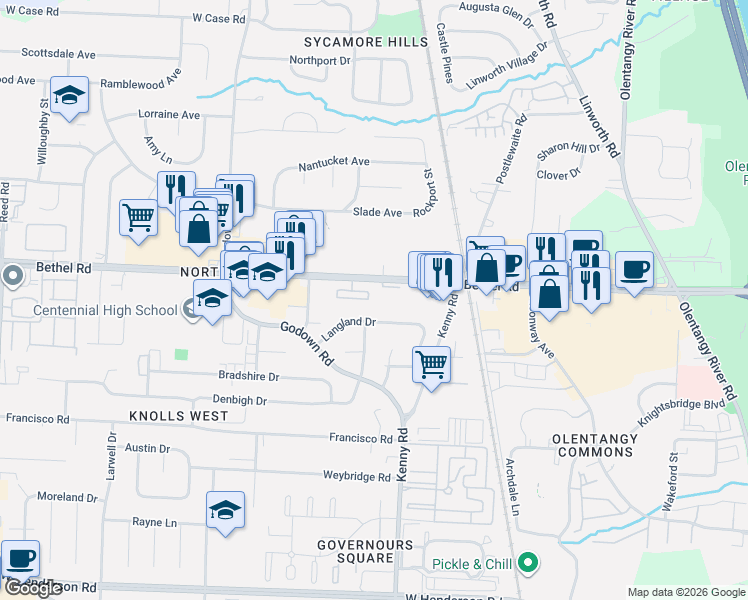 map of restaurants, bars, coffee shops, grocery stores, and more near 1185 Bethel Road in Columbus