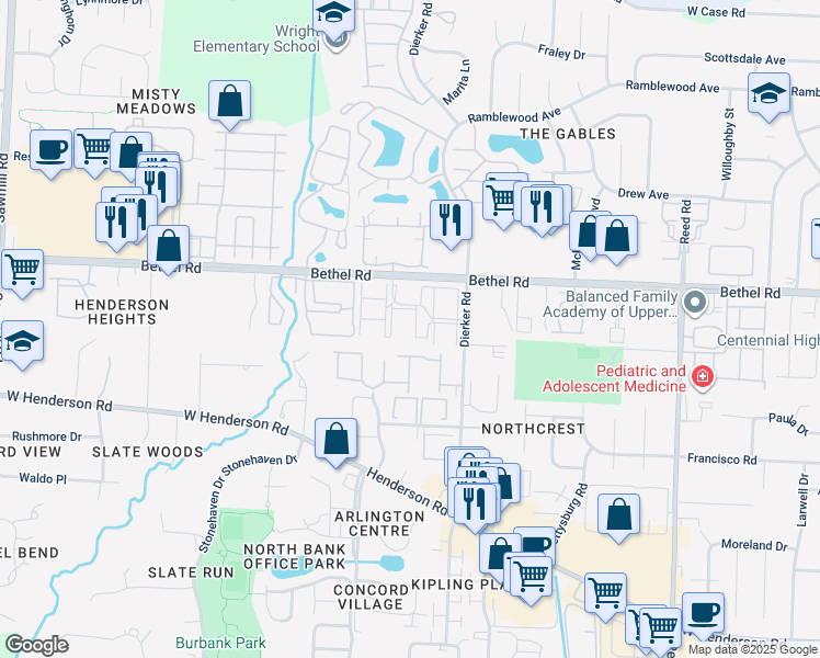 map of restaurants, bars, coffee shops, grocery stores, and more near 2291 Hedgerow Road in Columbus