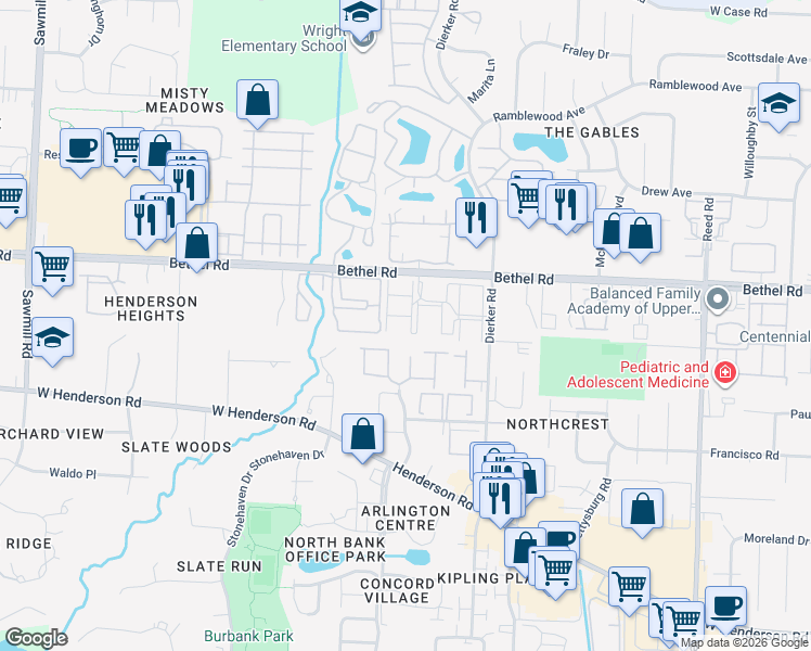 map of restaurants, bars, coffee shops, grocery stores, and more near 2279 Hedgerow Road in Columbus