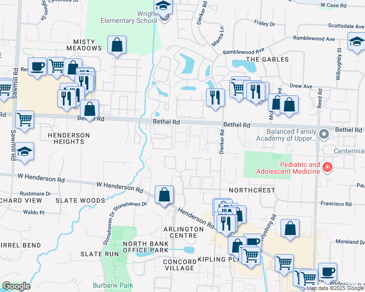 map of restaurants, bars, coffee shops, grocery stores, and more near 2279 Hedgerow Road in Columbus
