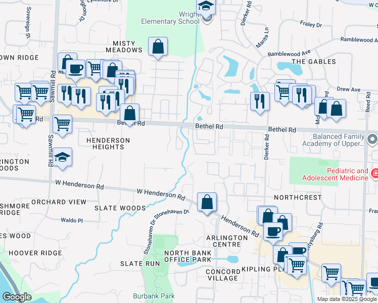 map of restaurants, bars, coffee shops, grocery stores, and more near 5241 Wood Run Boulevard in Columbus