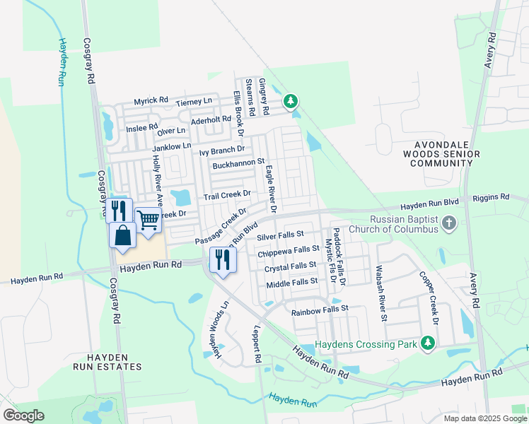 map of restaurants, bars, coffee shops, grocery stores, and more near 5734 Passage Creek Drive in Dublin