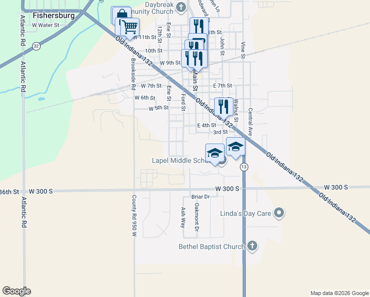 map of restaurants, bars, coffee shops, grocery stores, and more near 309 Ford Street in Lapel